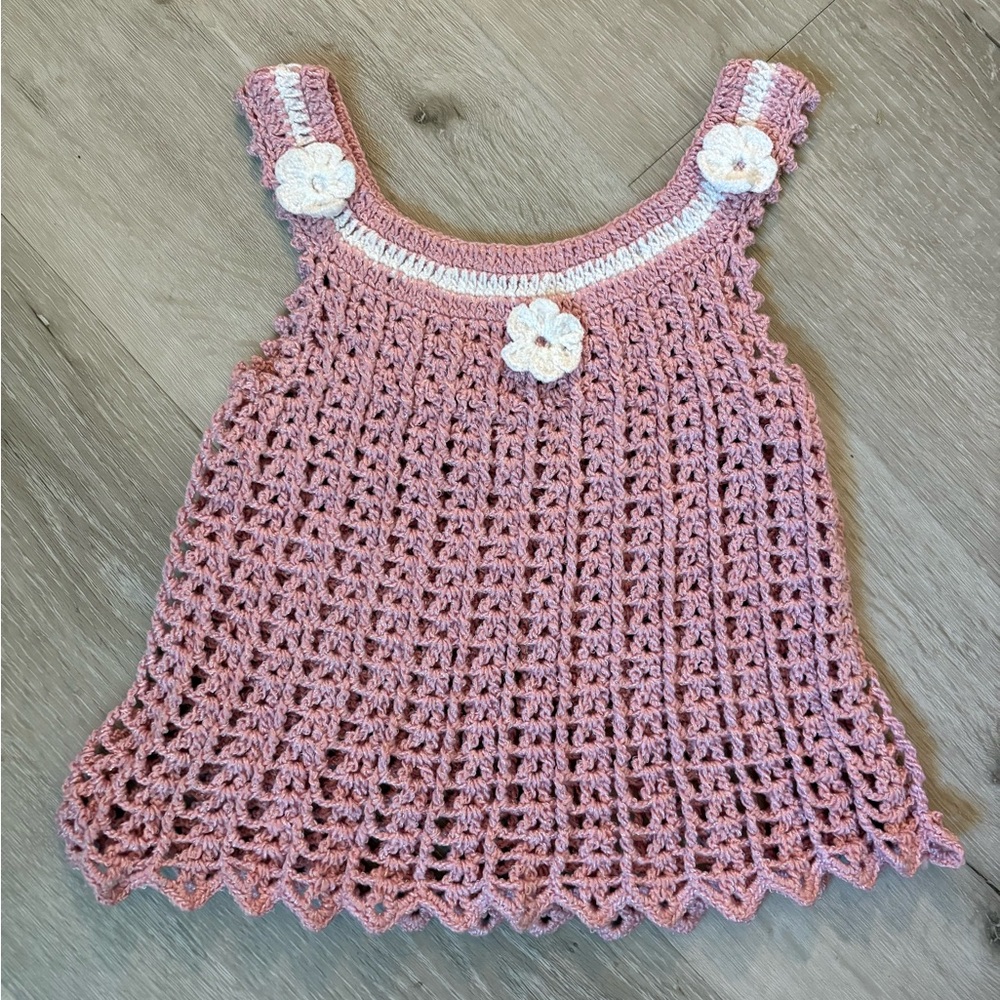 Vintage Pink Crochet Baby Doll Tank with White Flowers